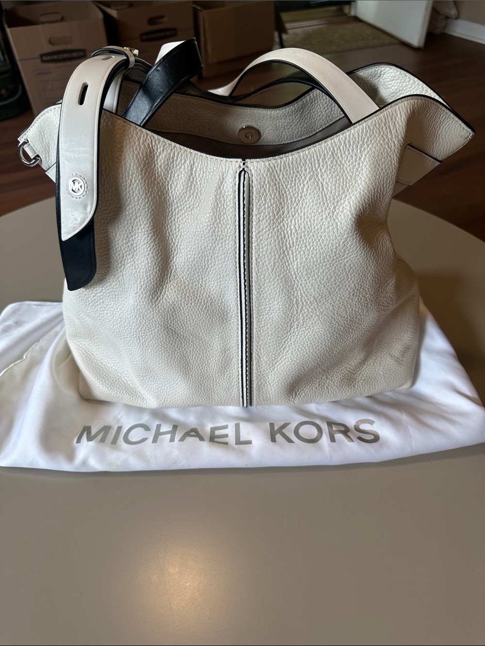 Michael Kors Cream Pebbled Leather Tote with Black Trim